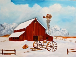 Barn Windmill 18 x 24 -Serene Winter-$300