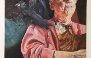 Oil painting featuring a woman in a pink shirt. She is holding a dog who is looking up at her right shoulder. Over her shoulder are two black ravens. Feathers have been embedded in the paint surface of the birds, creating texture.