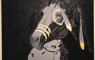 Grey horse against a black background. The painting focuses on the highlights of the horse, using black to show negative space.