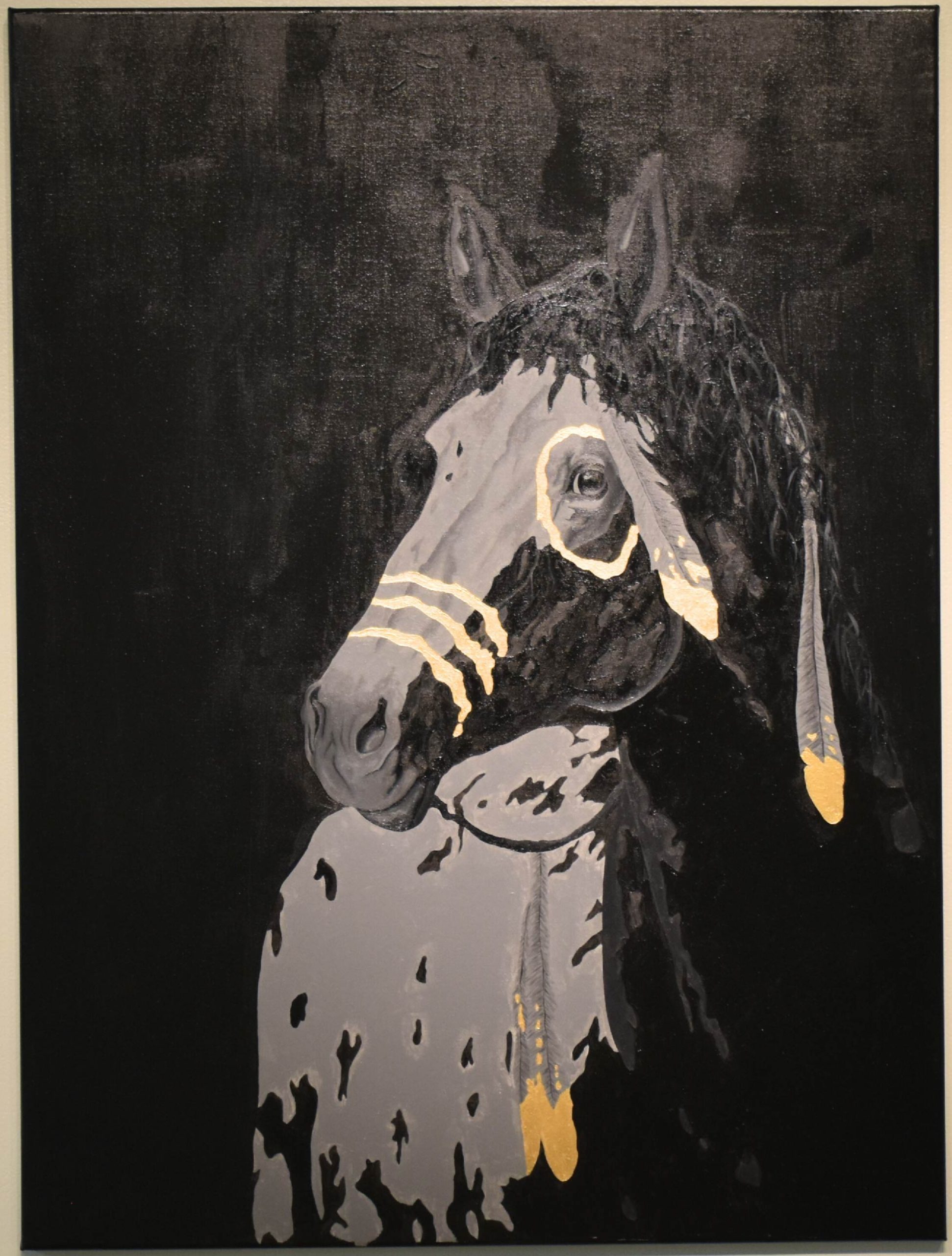 Grey horse against a black background. The painting focuses on the highlights of the horse, using black to show negative space.