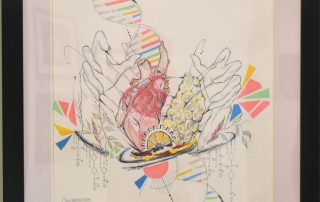 Abstract line drawing featuring bright pops of neon colors. Prominently featured are a human heart, a brain, hands, a DNA double helix, chemistry symbols, and leaves.