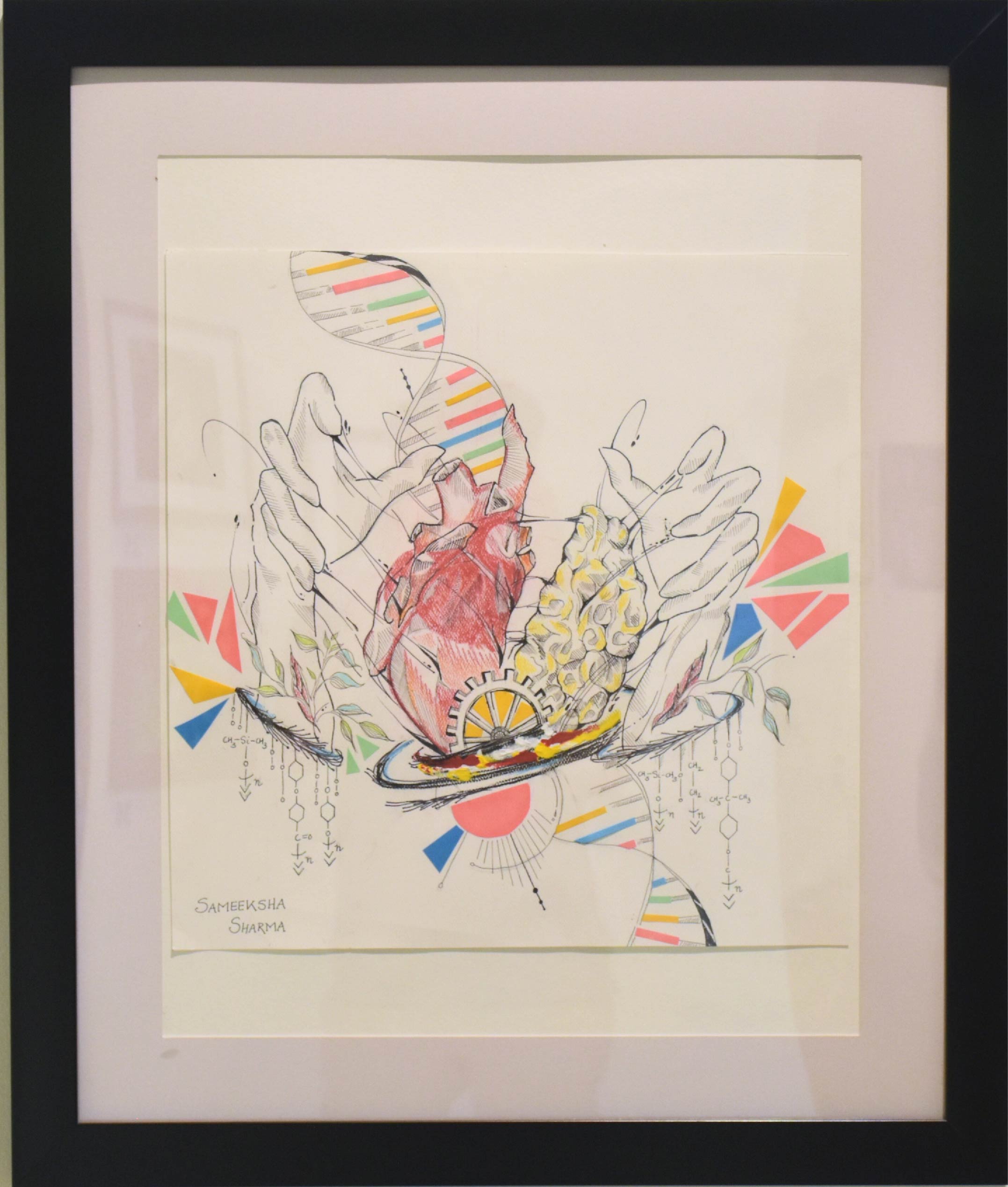 Abstract line drawing featuring bright pops of neon colors. Prominently featured are a human heart, a brain, hands, a DNA double helix, chemistry symbols, and leaves.